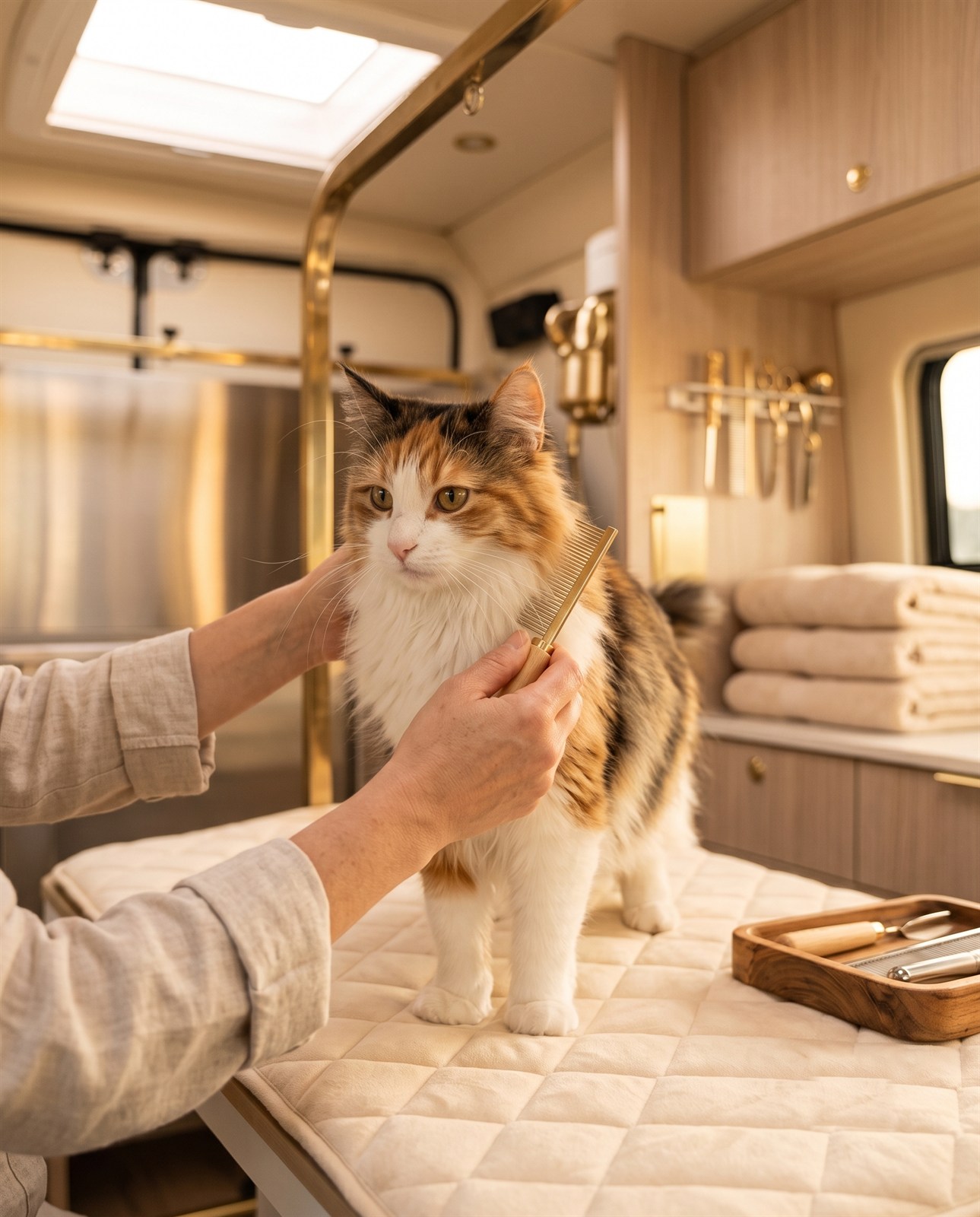 A groomer's hands combing a calm long-haired cat inside the van