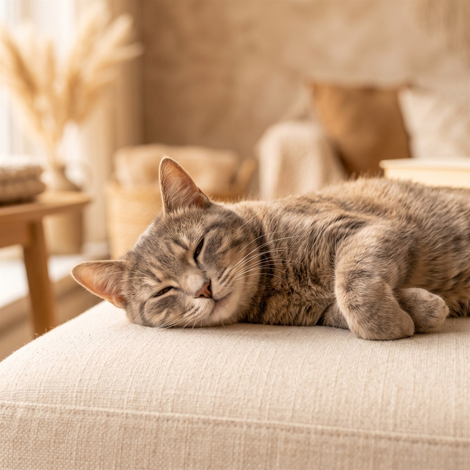 A freshly groomed grey tabby dozing on a cream sofa at home