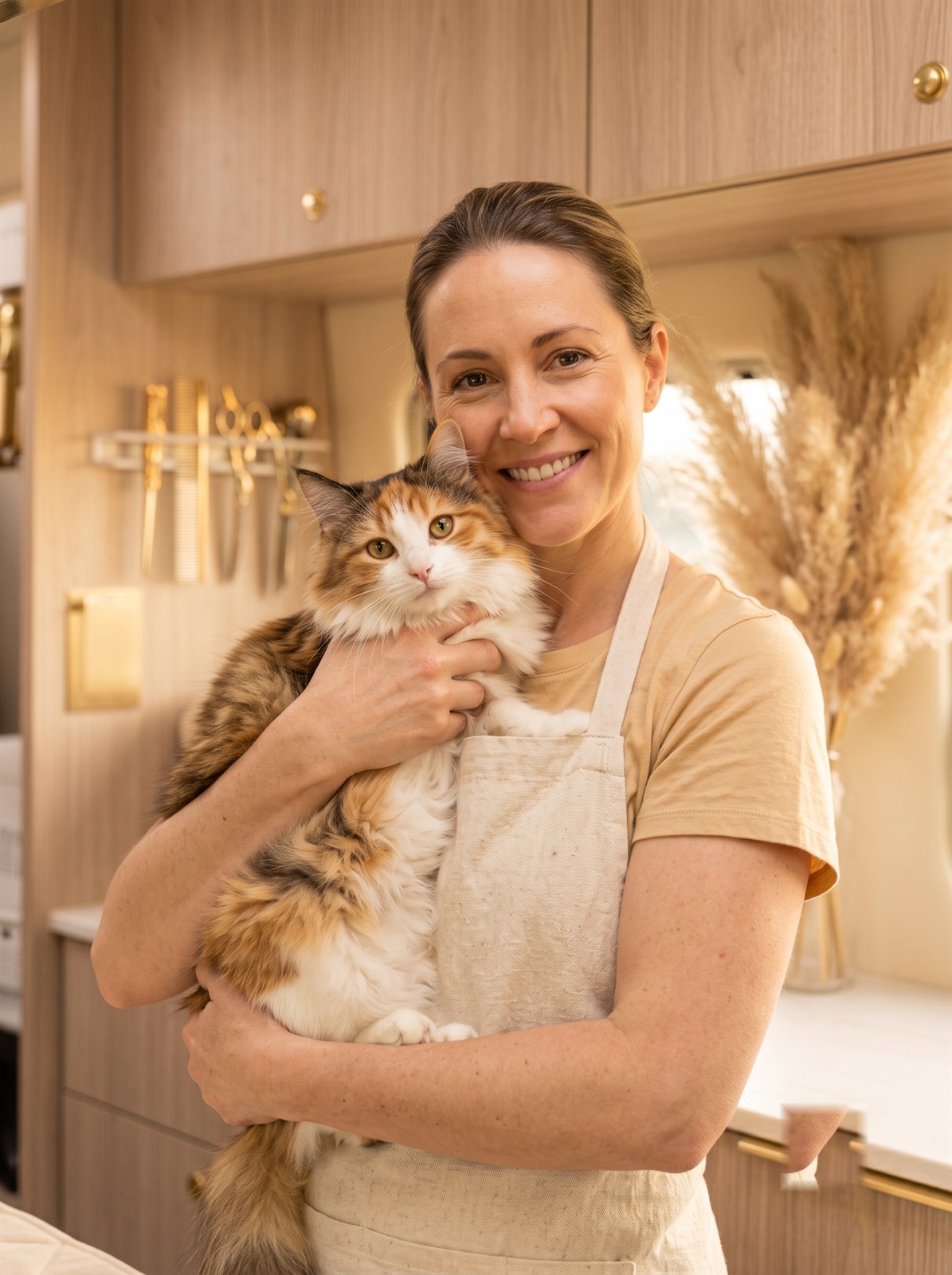 Marisol Vega holding a relaxed long-haired cat inside the grooming van