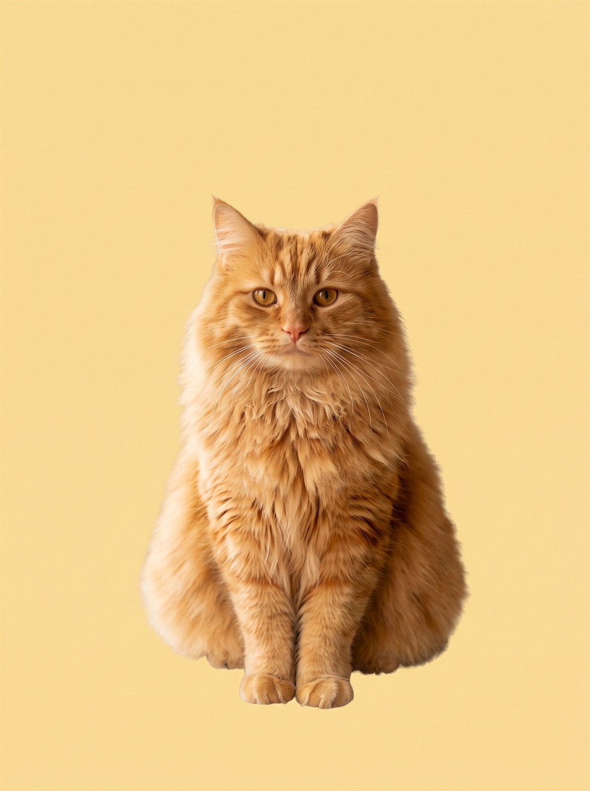 A freshly groomed long-haired ginger cat sitting calmly
