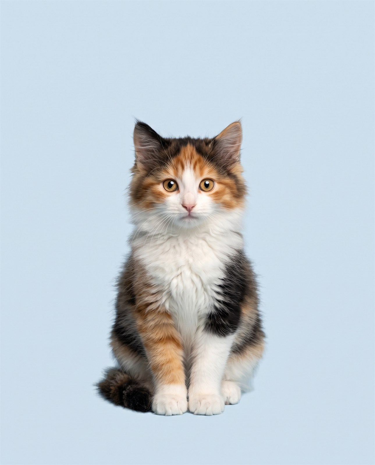 A calico kitten sitting alert and relaxed
