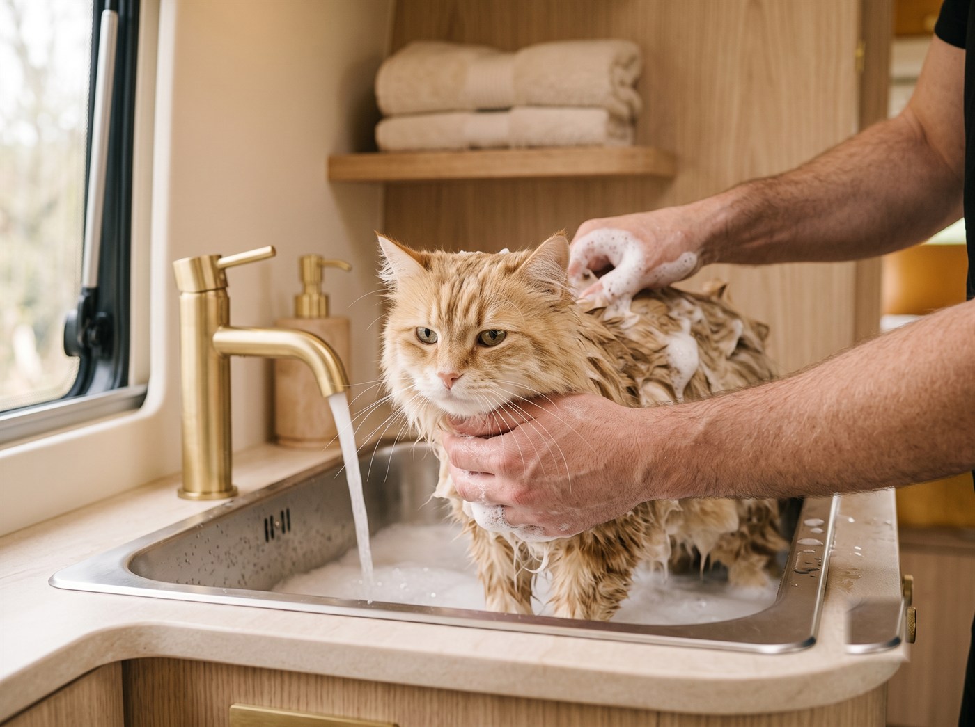 A ginger cat being lathered in a shallow basin with warm water running
