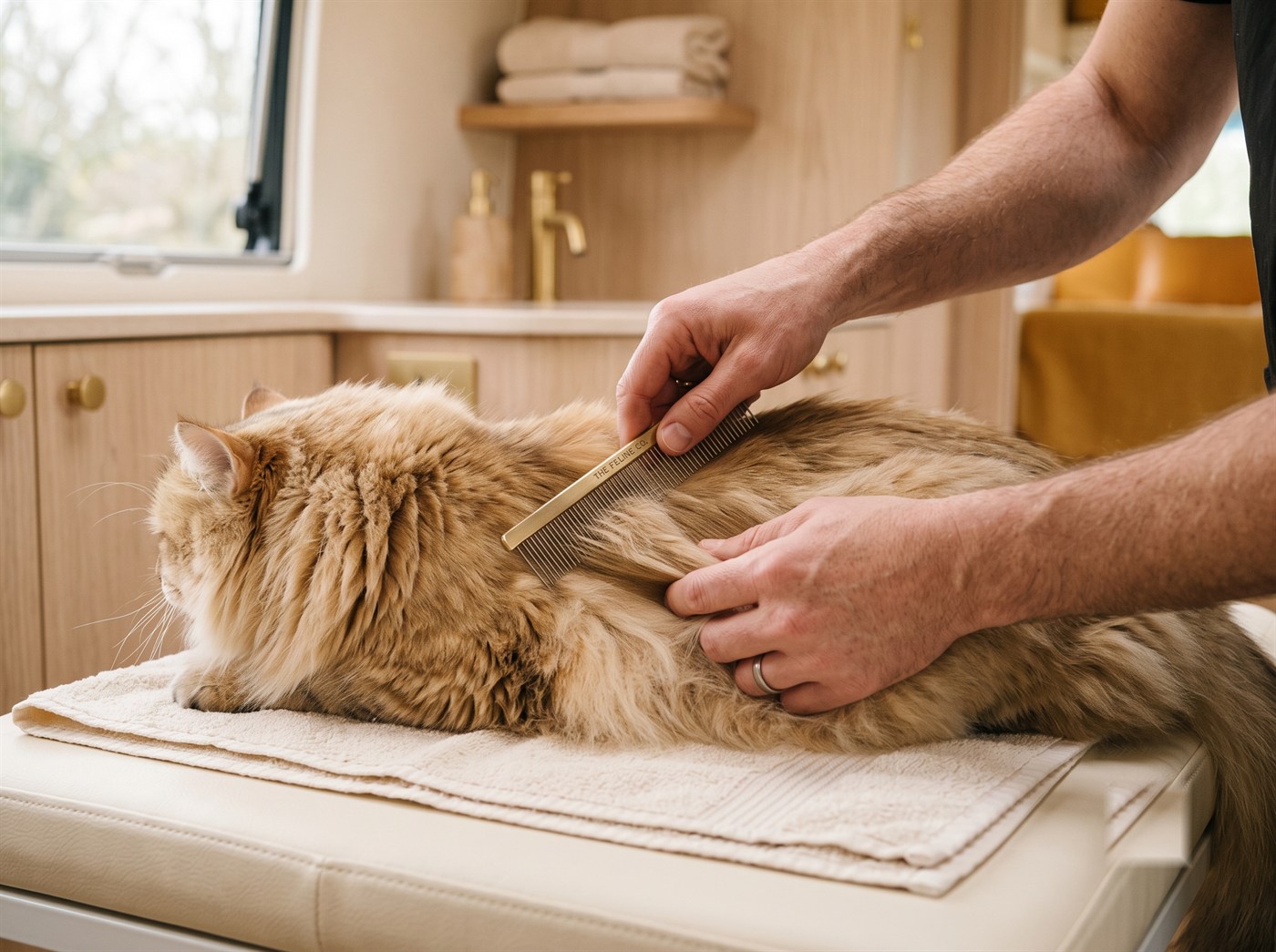 A groomer drawing a fine comb through a long-haired cat's coat