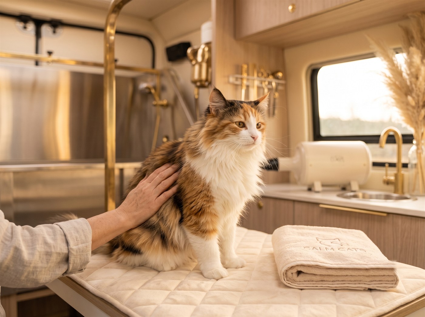 A long-haired cat being blow-dried on a padded grooming table