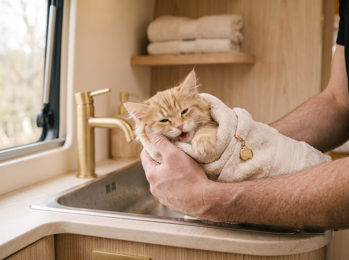 A ginger kitten wrapped in a cream towel, cradled in a groomer's hands