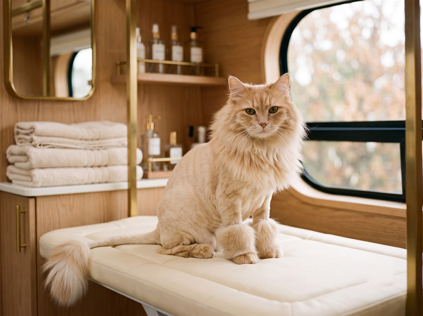 A cream long-haired cat with a lion cut, mane and boots left long