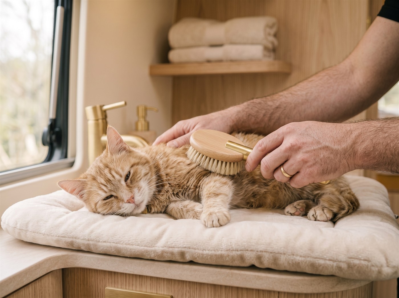 An older ginger cat resting on a padded mat while being brushed